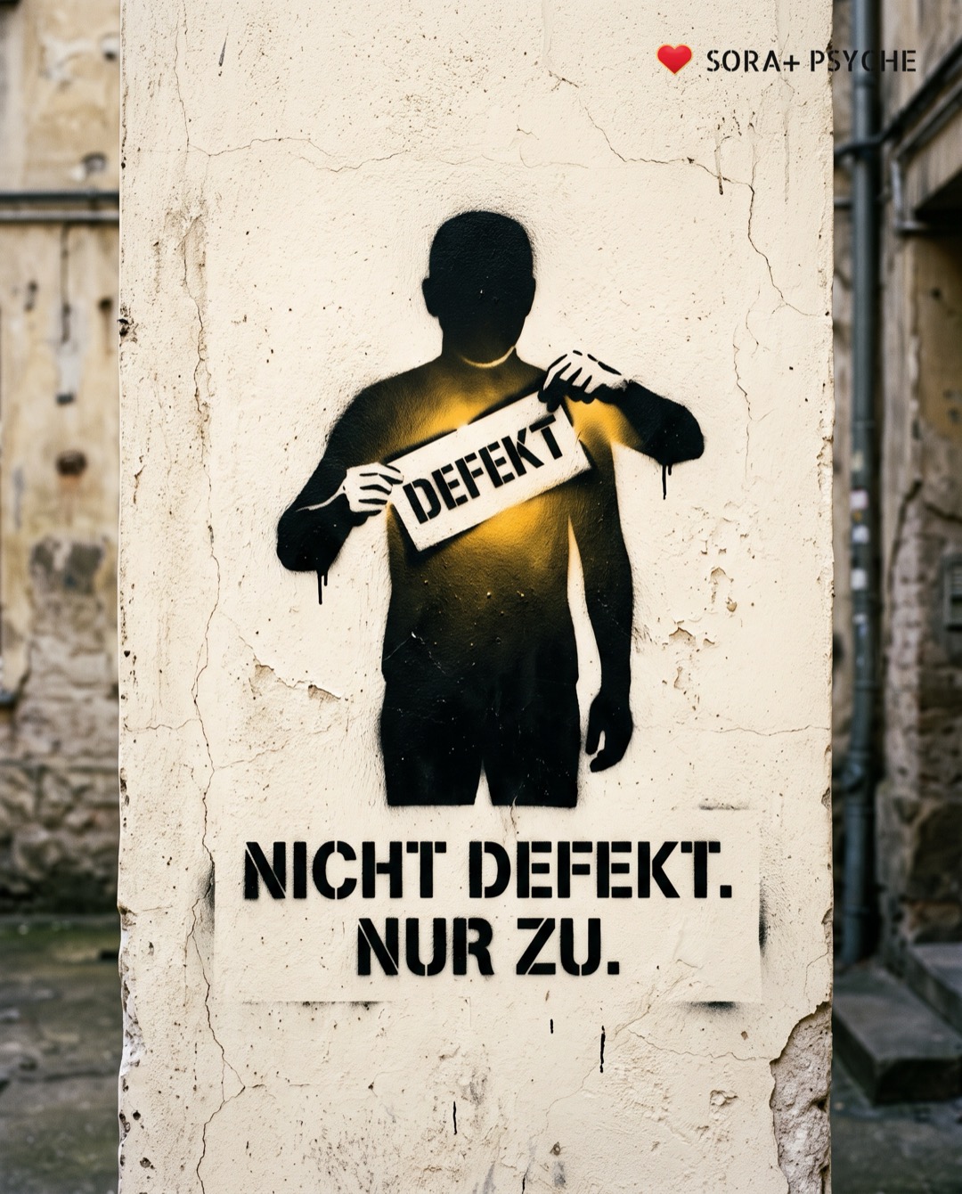 Wand mit schwarzem Stencil, Signatur SORA+ PSYCHE: „NICHT DEFEKT. NUR ZU.“