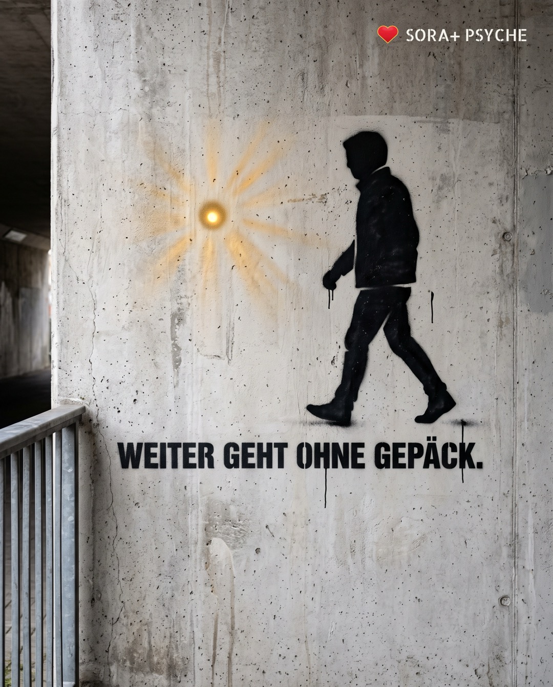 Wand mit schwarzem Stencil, Signatur SORA+ PSYCHE: „WEITER GEHT OHNE GEPÄCK.“