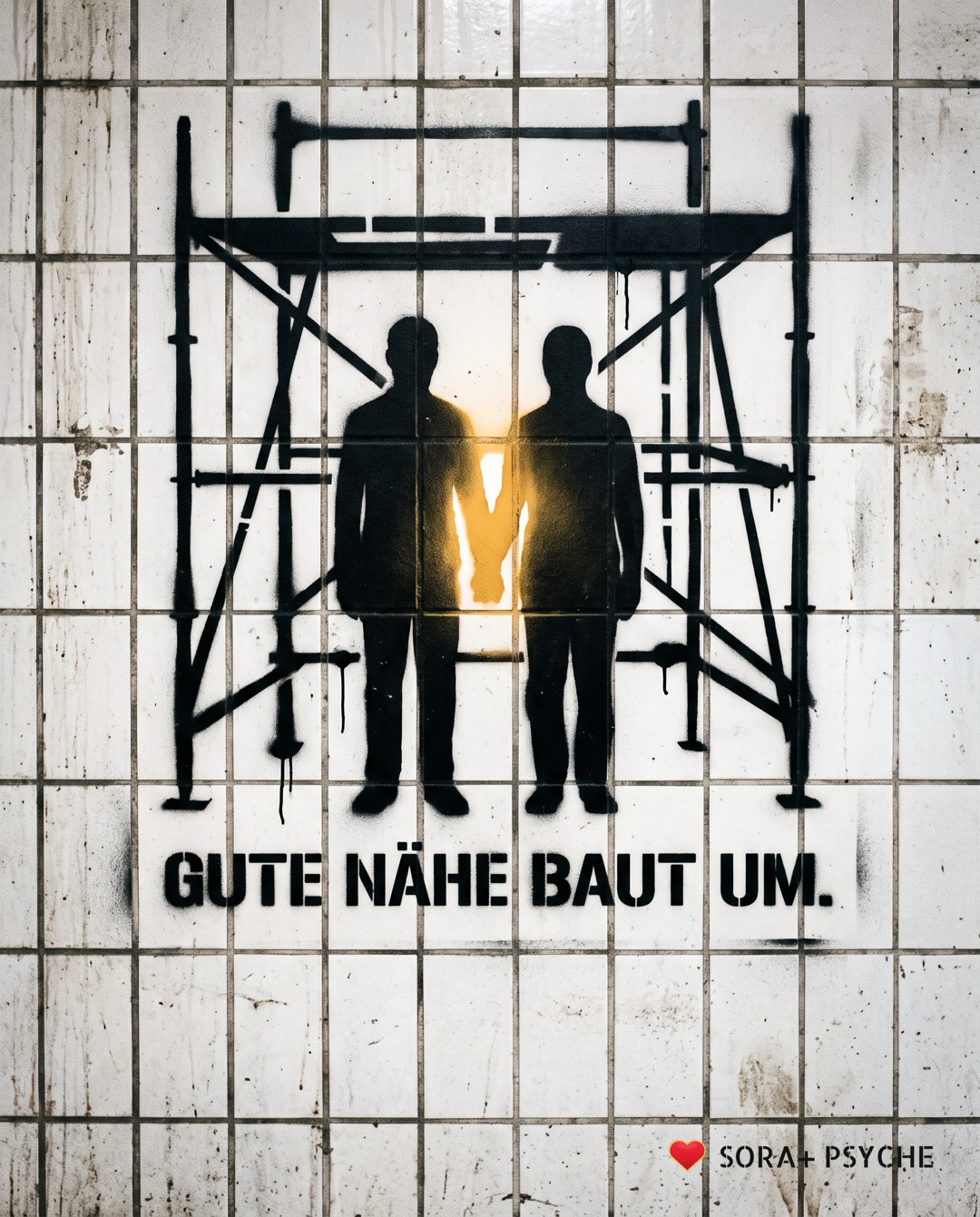 Wand mit schwarzem Stencil, Signatur SORA+ PSYCHE: „GUTE NÄHE BAUT UM.“