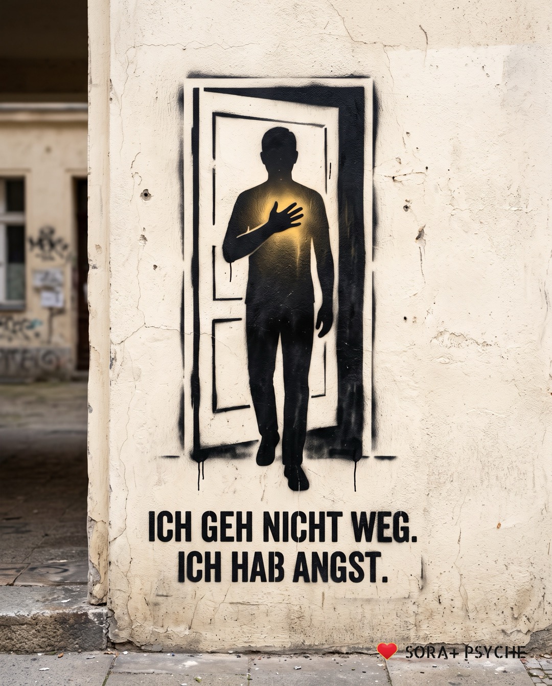 Wand mit schwarzem Stencil, Signatur SORA+ PSYCHE: „ICH GEH NICHT WEG. / ICH HAB ANGST.“