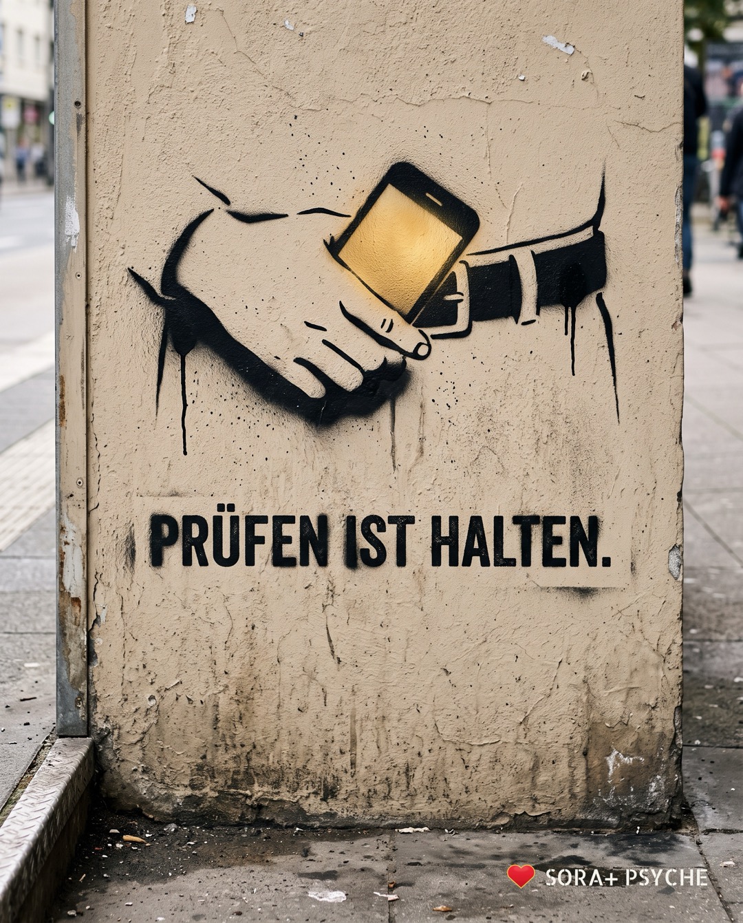 Wand mit schwarzem Stencil, Signatur SORA+ PSYCHE: „PRÜFEN IST HALTEN.“