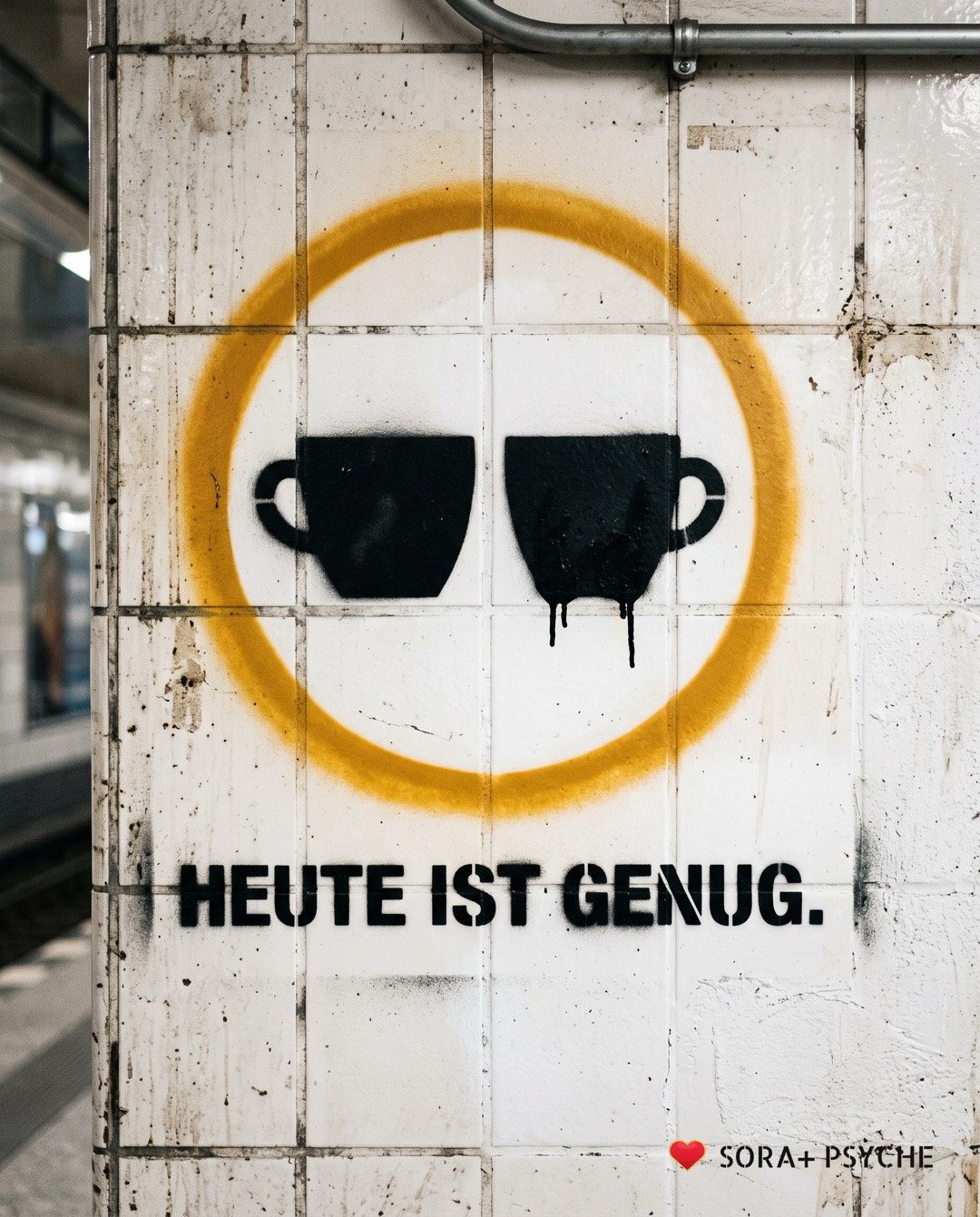 Wand mit schwarzem Stencil, Signatur SORA+ PSYCHE: „HEUTE IST GENUG.“