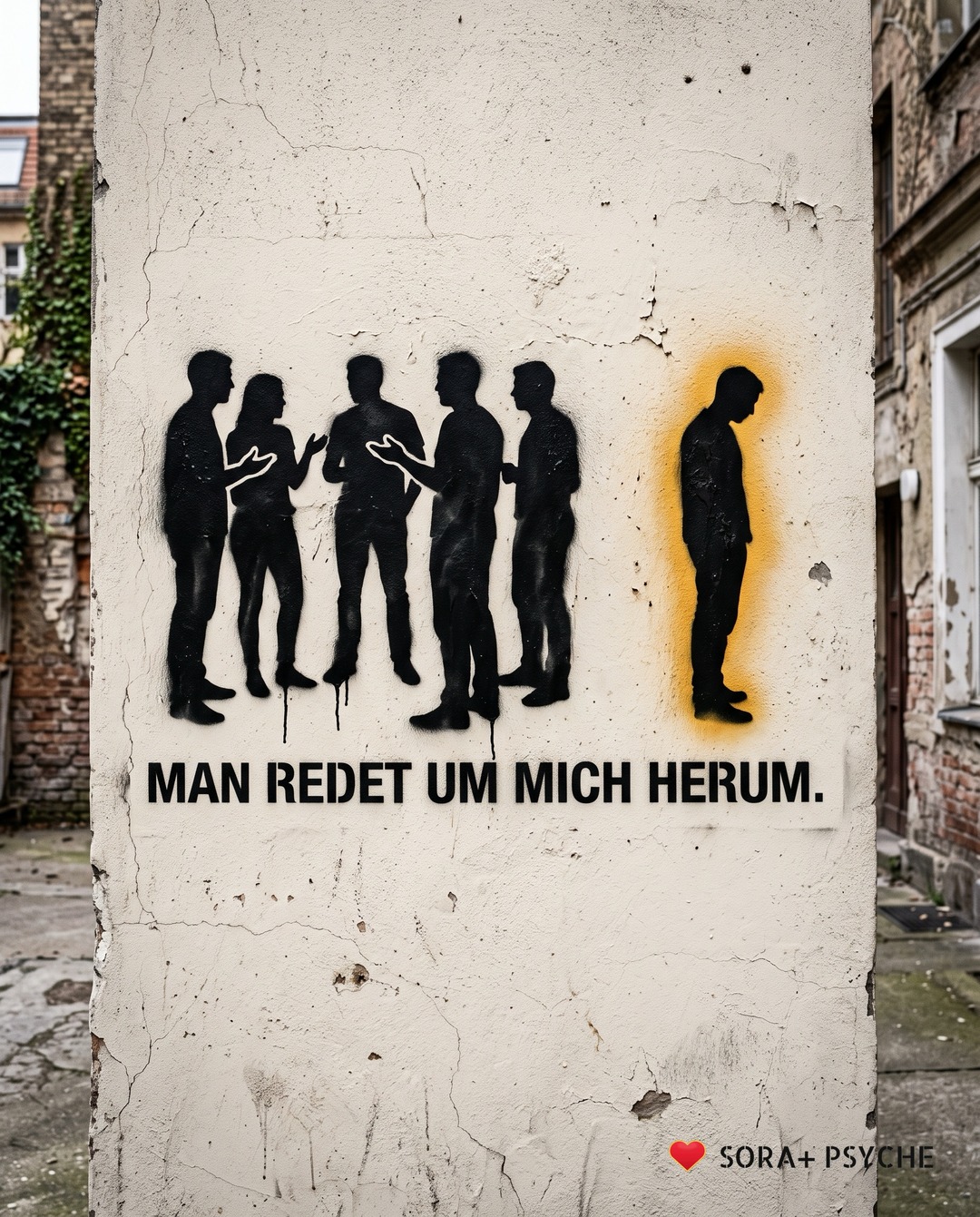 Wand mit schwarzem Stencil, Signatur SORA+ PSYCHE: „MAN REDET UM MICH HERUM.“