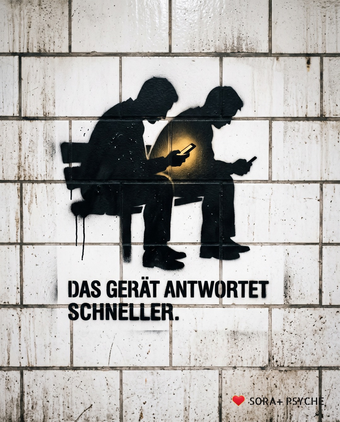 Wand mit schwarzem Stencil, Signatur SORA+ PSYCHE: „DAS GERÄT ANTWORTET SCHNELLER.“