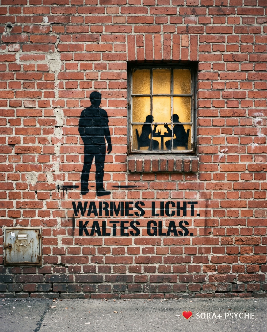 Wand mit schwarzem Stencil, Signatur SORA+ PSYCHE: „WARMES LICHT. / KALTES GLAS.“