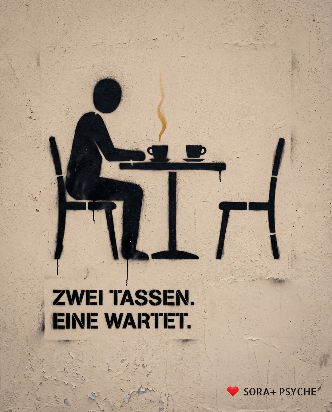 Wand mit schwarzem Stencil, Signatur SORA+ PSYCHE: „ZWEI TASSEN. / EINE WARTET.“