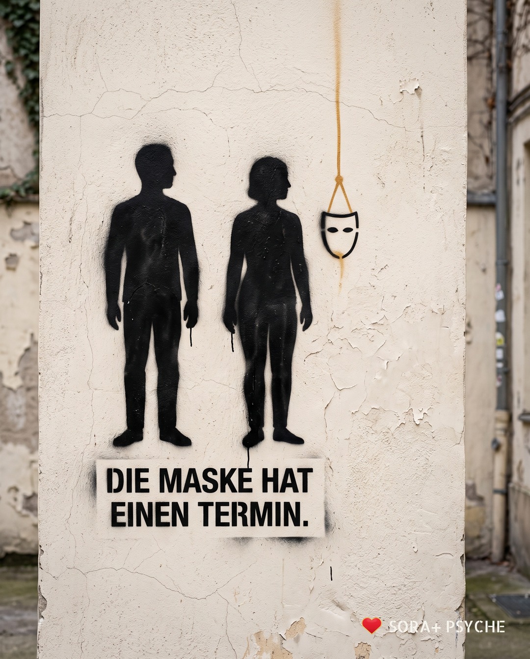 Wand mit schwarzem Stencil, Signatur SORA+ PSYCHE: „DIE MASKE HAT EINEN TERMIN.“