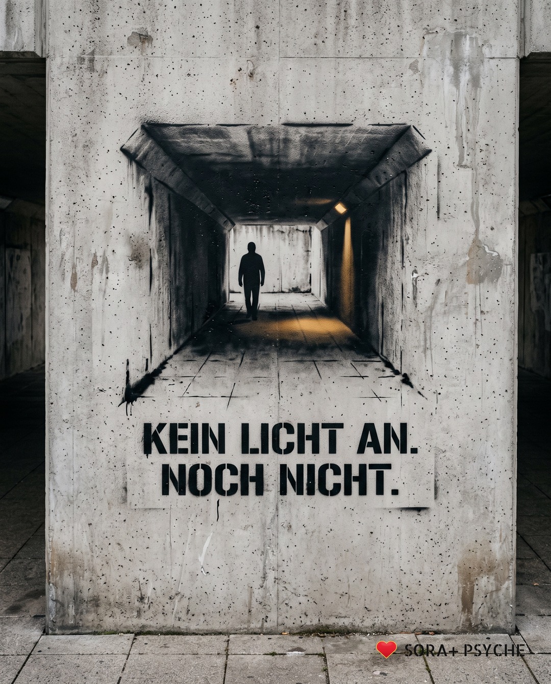 Wand mit schwarzem Stencil, Signatur SORA+ PSYCHE: „KEIN LICHT AN. / NOCH NICHT.“