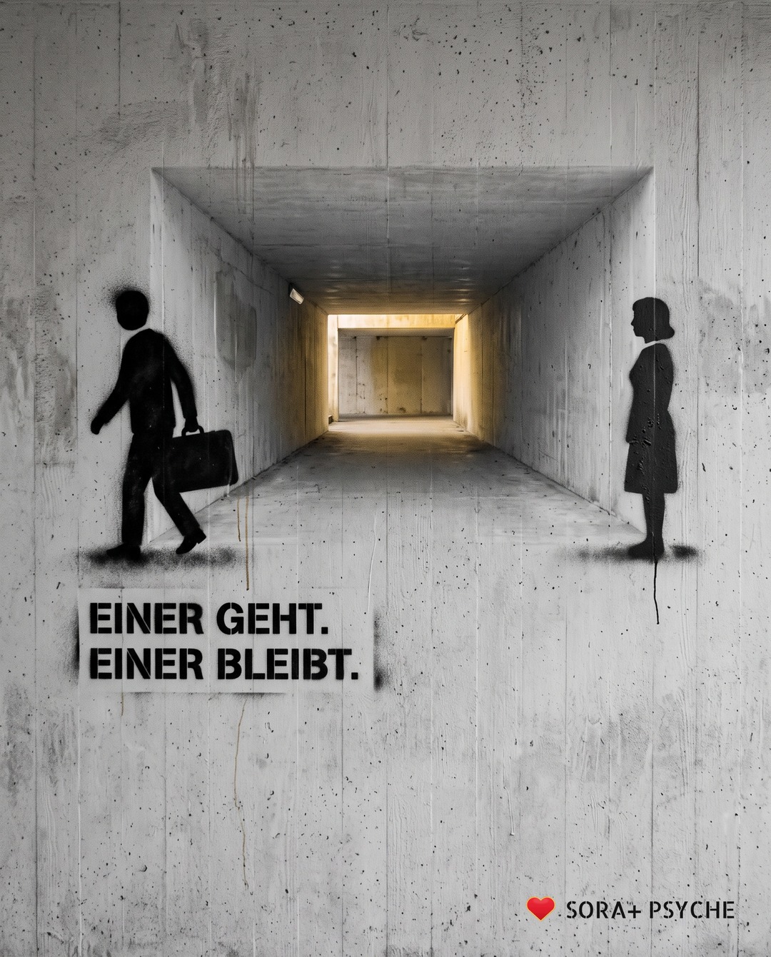 Wand mit schwarzem Stencil, Signatur SORA+ PSYCHE: „EINER GEHT. / EINER BLEIBT.“