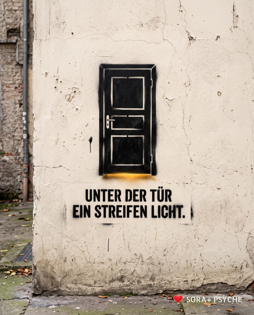 Wand mit schwarzem Stencil, Signatur SORA+ PSYCHE: „UNTER DER TÜR / EIN STREIFEN LICHT.“