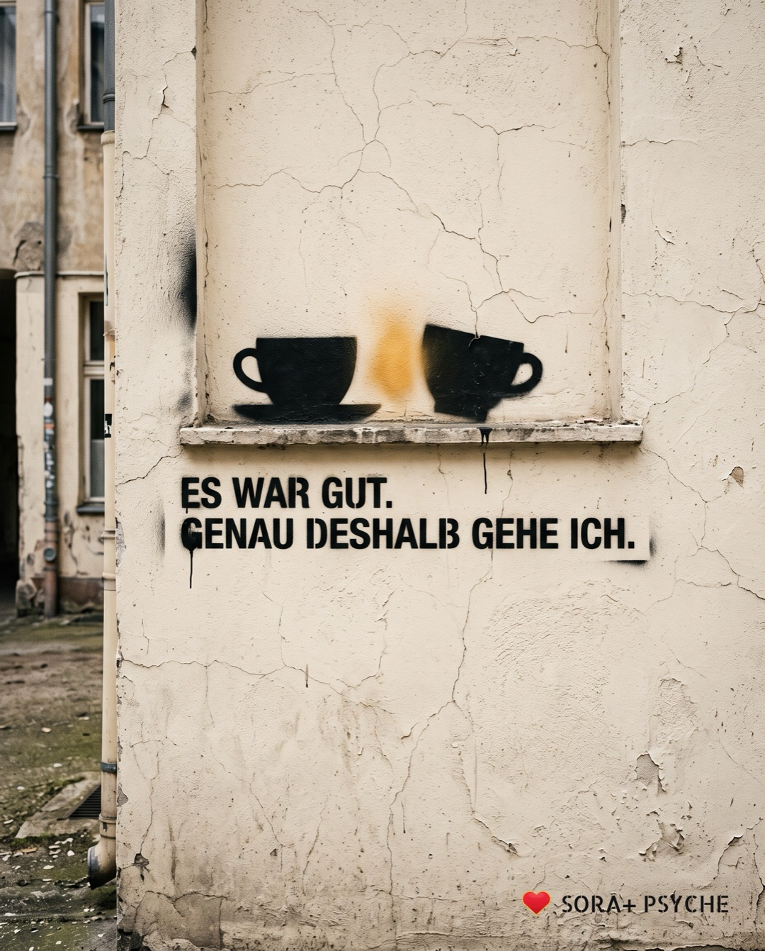 Wand mit schwarzem Stencil, Signatur SORA+ PSYCHE: „ES WAR GUT. / GENAU DESHALB GEHE ICH.“