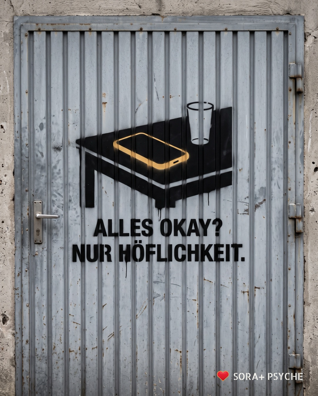 Wand mit schwarzem Stencil, Signatur SORA+ PSYCHE: „ALLES OKAY? / NUR HÖFLICHKEIT.“