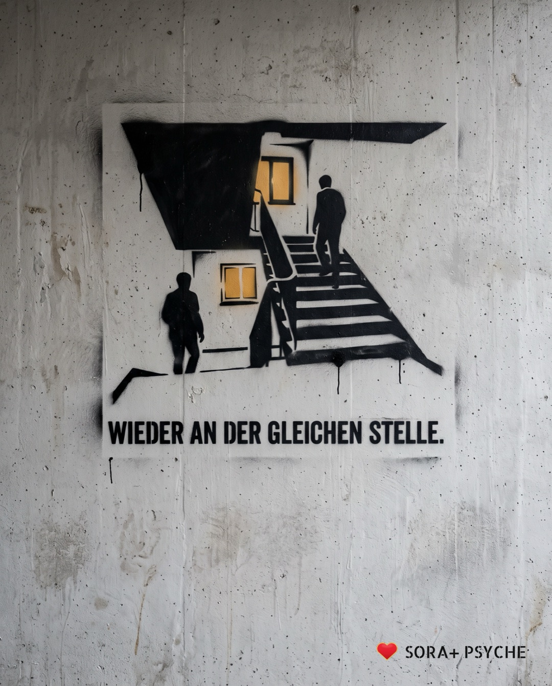 Wand mit schwarzem Stencil, Signatur SORA+ PSYCHE: „WIEDER AN DER GLEICHEN STELLE.“