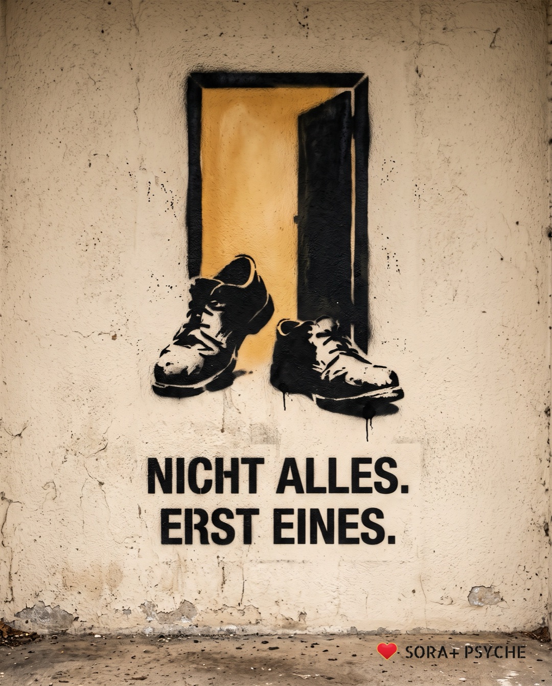 Wand mit schwarzem Stencil, Signatur SORA+ PSYCHE: „NICHT ALLES. / ERST EINES.“