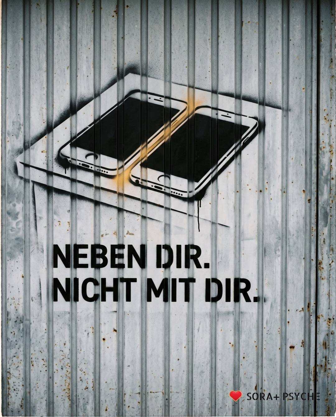 Wand mit schwarzem Stencil, Signatur SORA+ PSYCHE: „NEBEN DIR. / NICHT MIT DIR.“