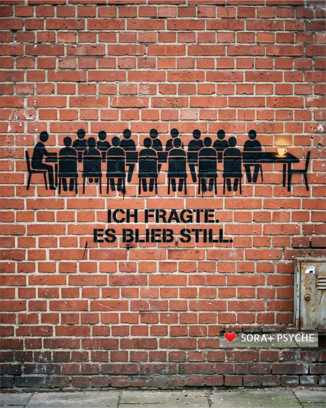 Wand mit schwarzem Stencil, Signatur SORA+ PSYCHE: „ICH FRAGTE. / ES BLIEB STILL.“