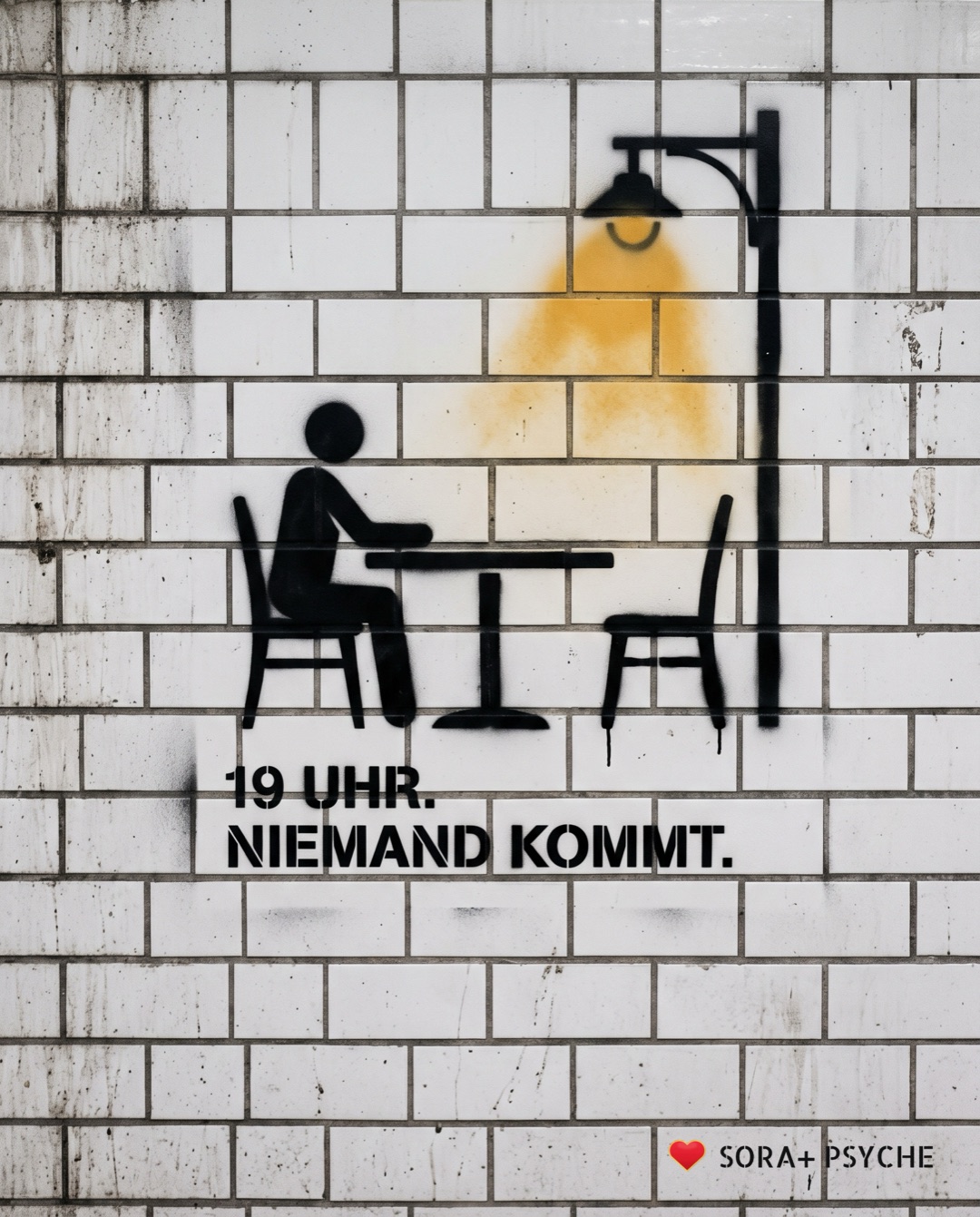 Wand mit schwarzem Stencil, Signatur SORA+ PSYCHE: „19 UHR. / NIEMAND KOMMT.“