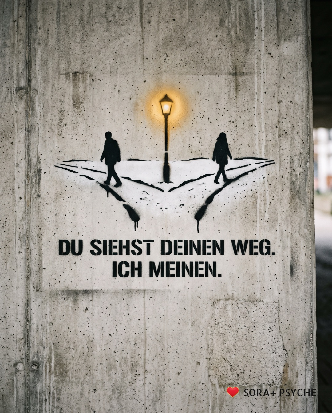 Wand mit schwarzem Stencil, Signatur SORA+ PSYCHE: „DU SIEHST DEINEN WEG. / ICH MEINEN.“