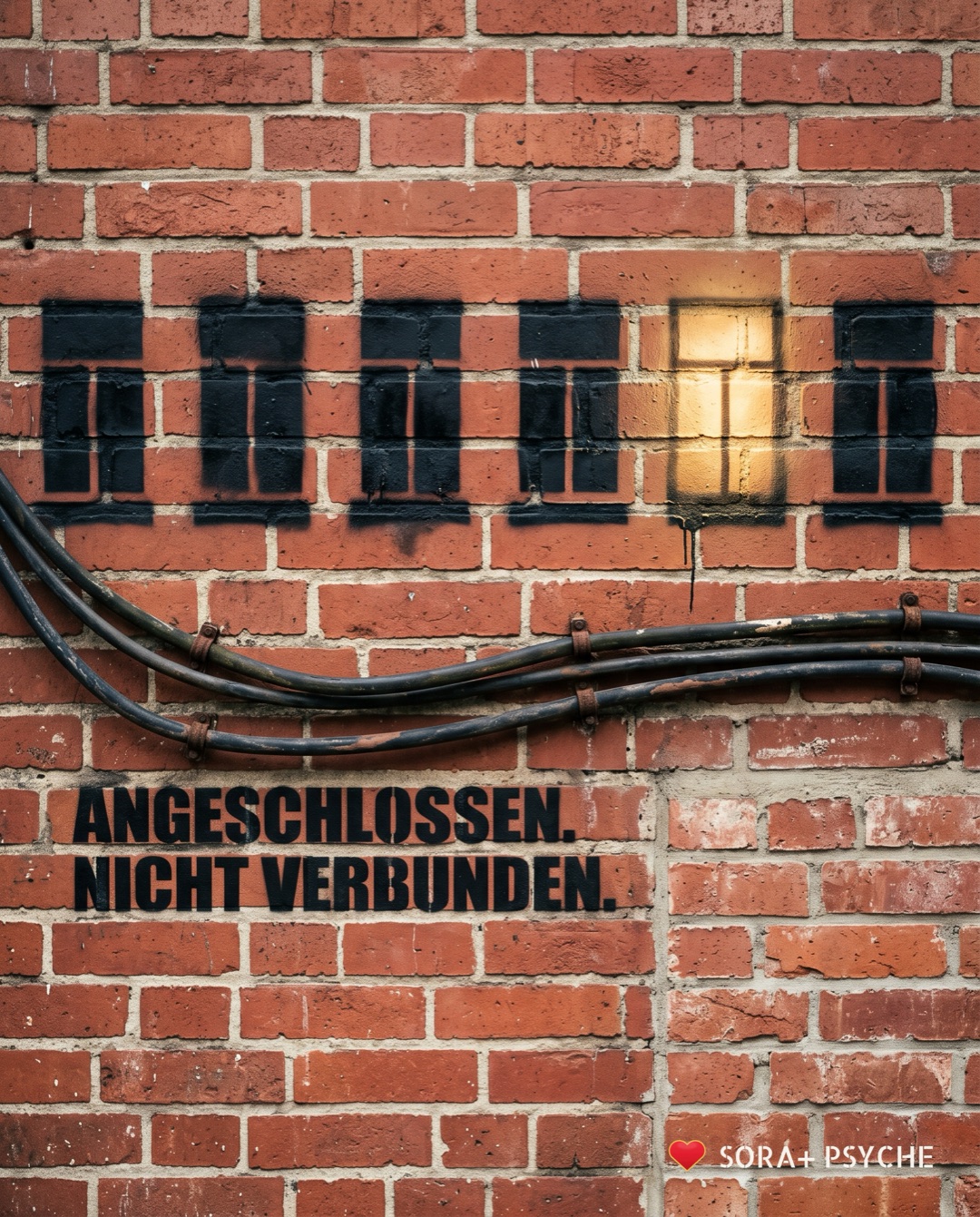 Wand mit schwarzem Stencil, Signatur SORA+ PSYCHE: „ANGESCHLOSSEN. / NICHT VERBUNDEN.“