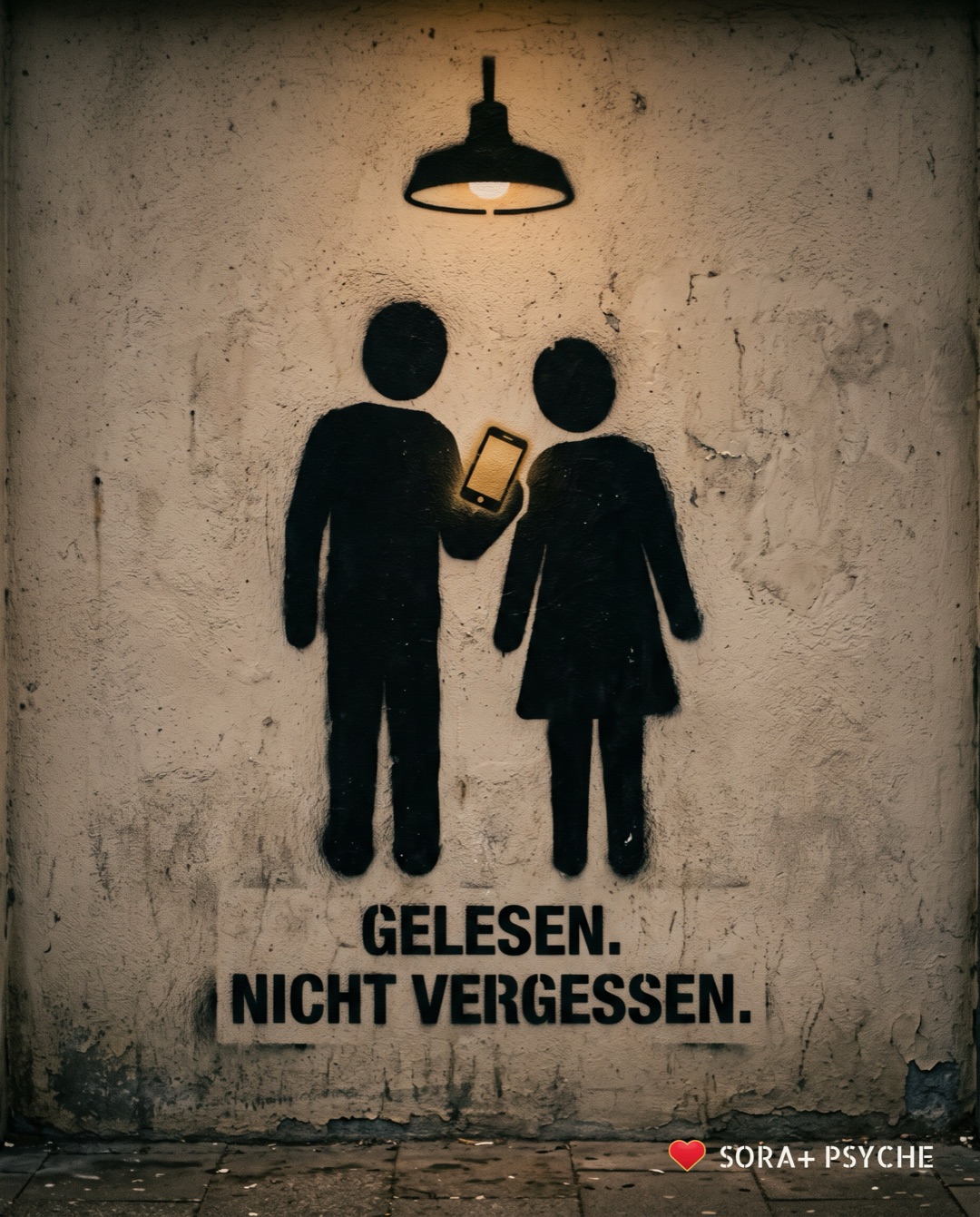 Wand mit schwarzem Stencil, Signatur SORA+ PSYCHE: „GELESEN. / NICHT VERGESSEN.“