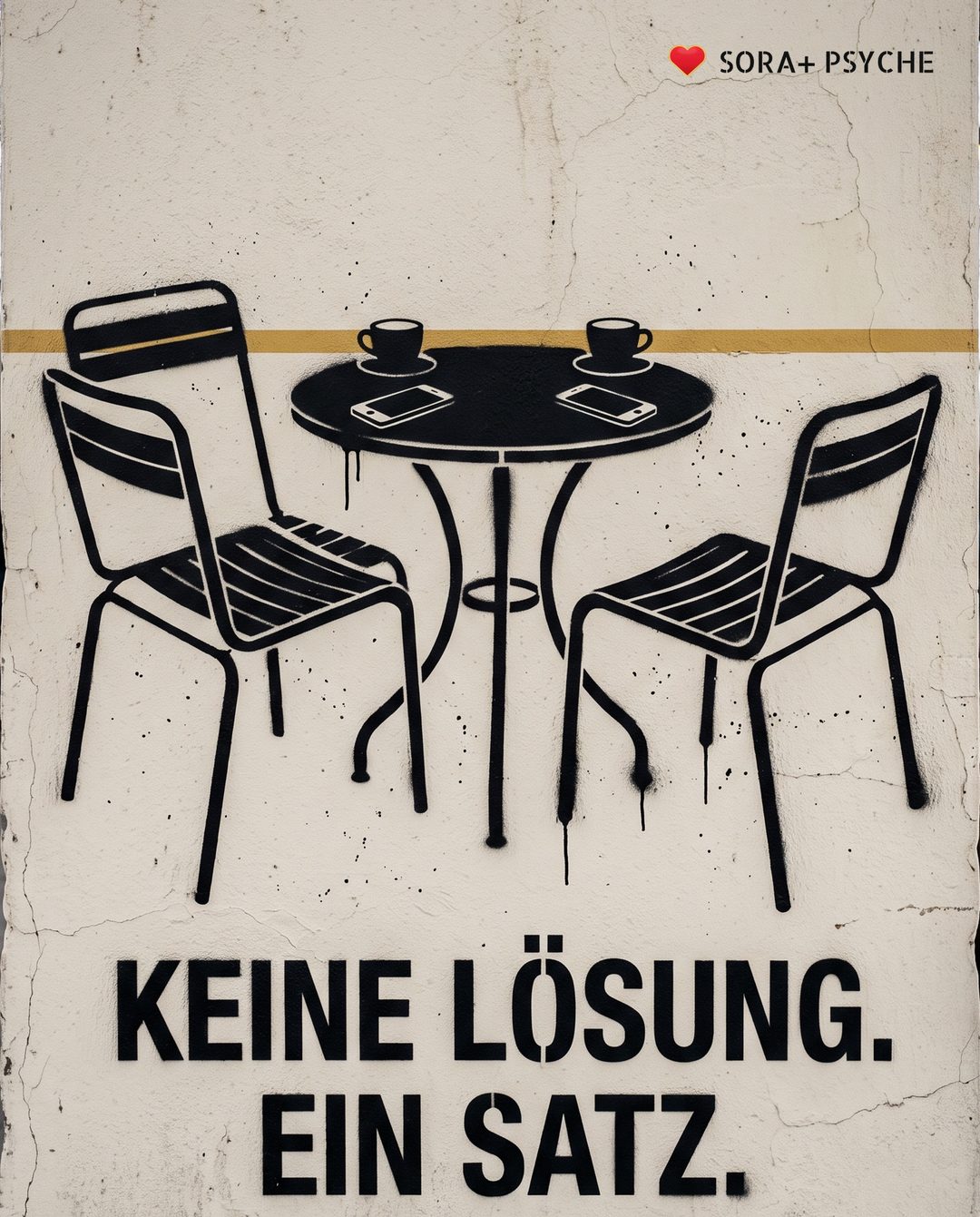 Wand mit schwarzem Stencil, Signatur SORA+ PSYCHE: „KEINE LÖSUNG. / EIN SATZ.“