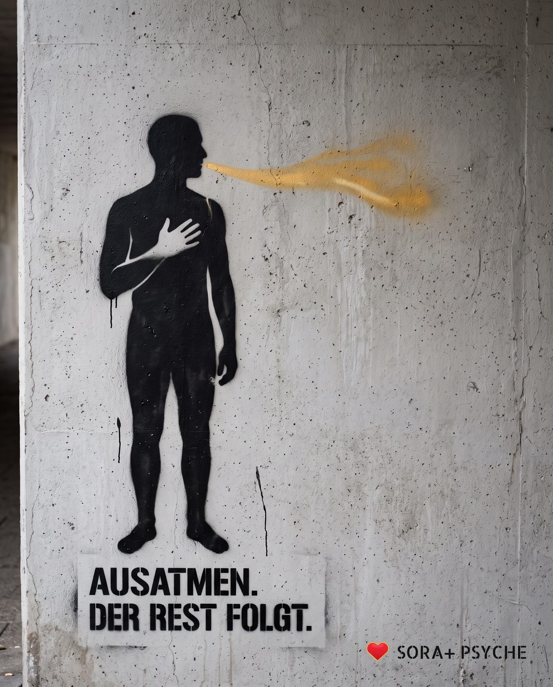 Wand mit schwarzem Stencil, Signatur SORA+ PSYCHE: „AUSATMEN. / DER REST FOLGT.“