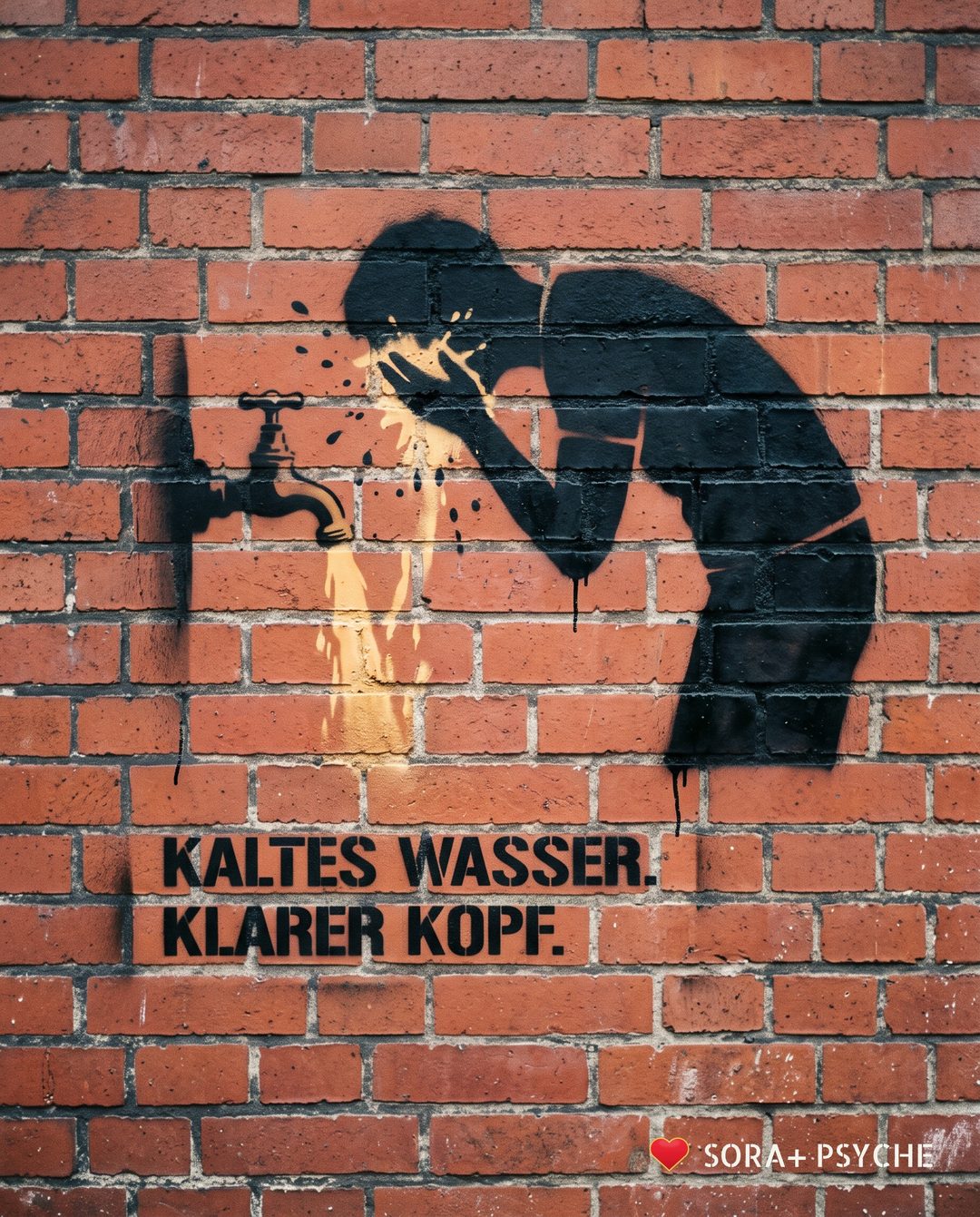 Wand mit schwarzem Stencil, Signatur SORA+ PSYCHE: „KALTES WASSER. / KLARER KOPF.“