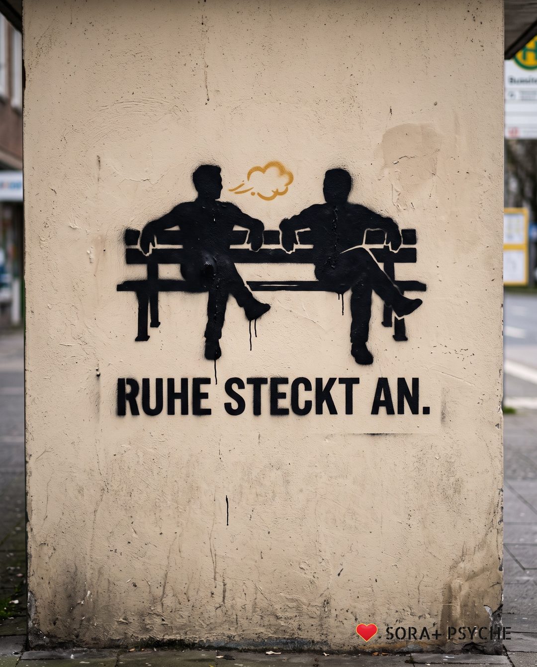 Wand mit schwarzem Stencil, Signatur SORA+ PSYCHE: „RUHE STECKT AN.“