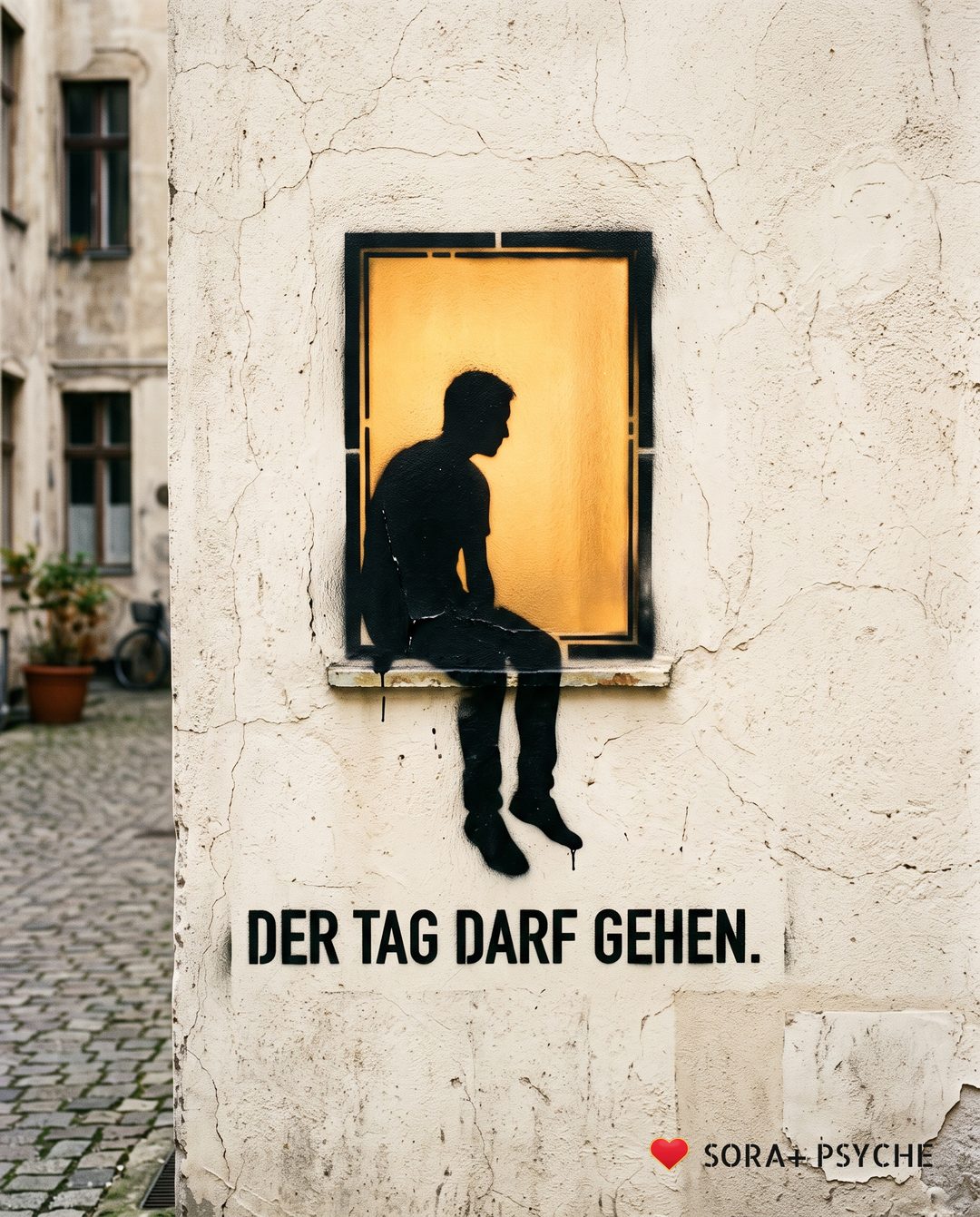 Wand mit schwarzem Stencil, Signatur SORA+ PSYCHE: „DER TAG DARF GEHEN.“