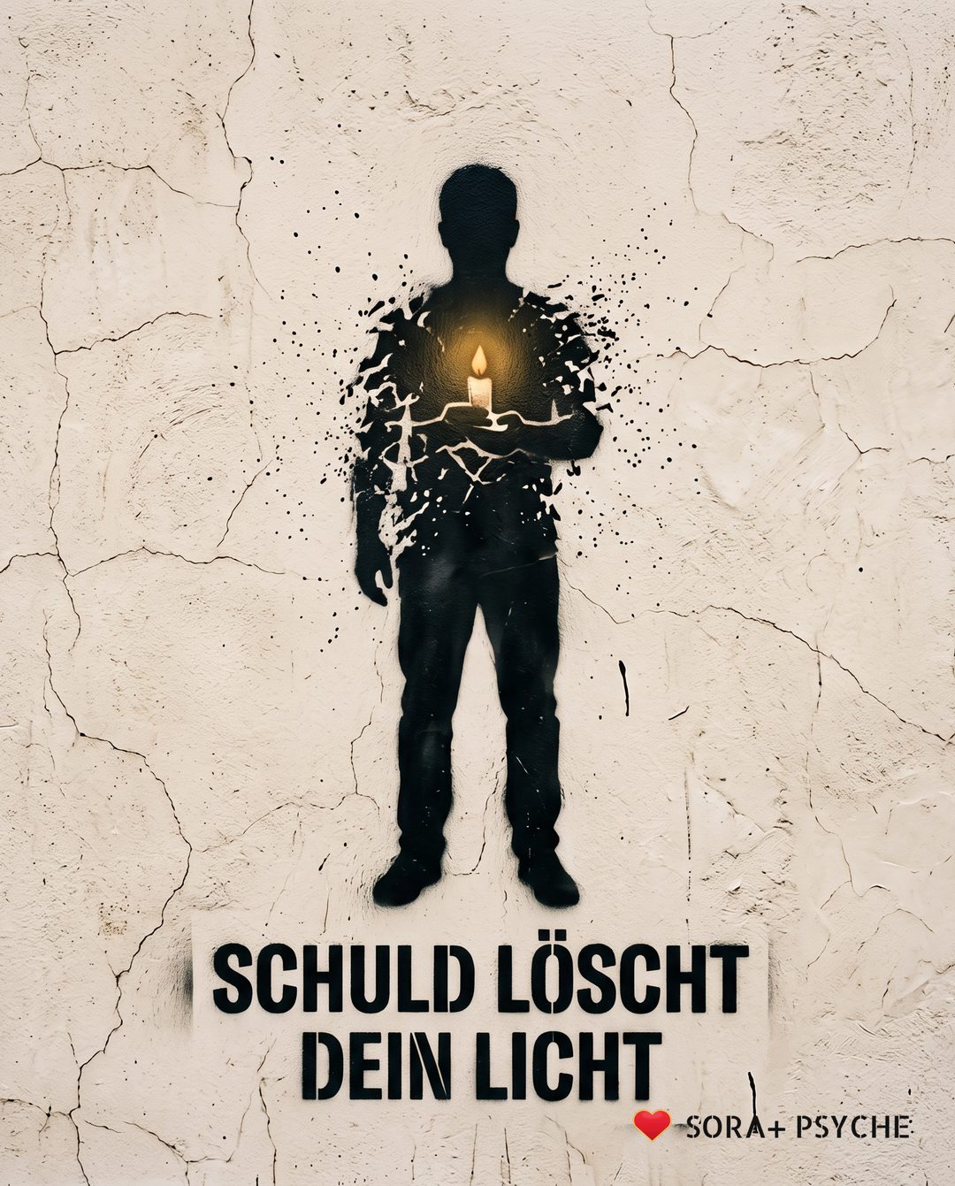 Wand mit schwarzem Stencil, Signatur SORA+ PSYCHE: „SCHULD LÖSCHT / DEIN LICHT“