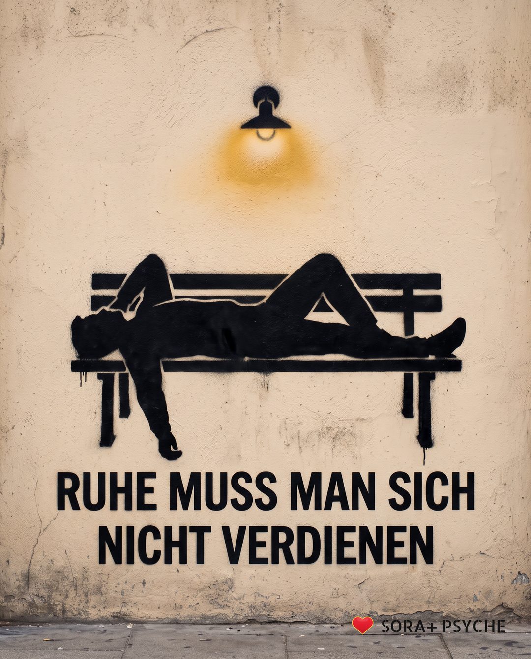 Wand mit schwarzem Stencil, Signatur SORA+ PSYCHE: „RUHE MUSS MAN SICH / NICHT VERDIENEN“