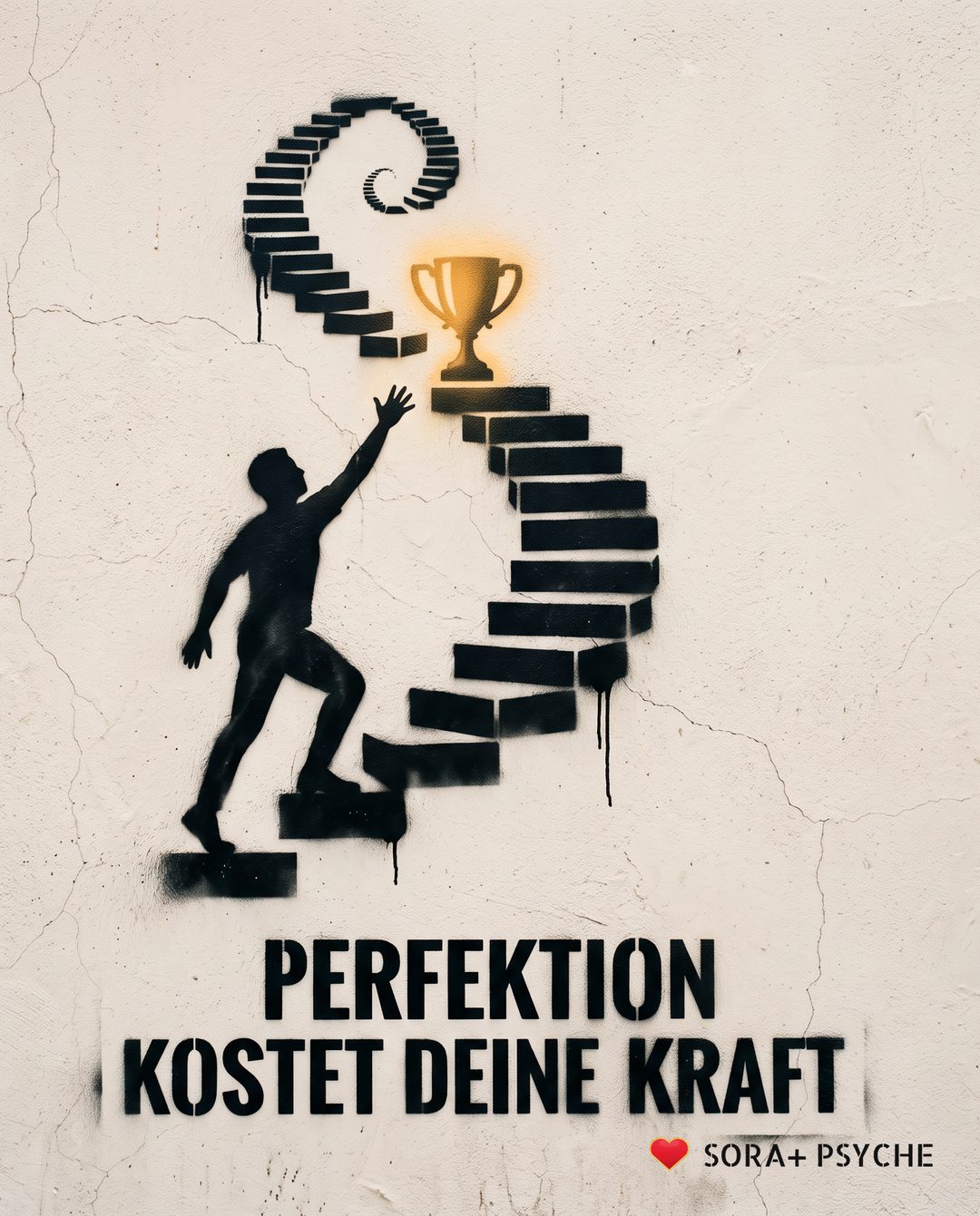 Wand mit schwarzem Stencil, Signatur SORA+ PSYCHE: „PERFEKTION / KOSTET DEINE KRAFT“