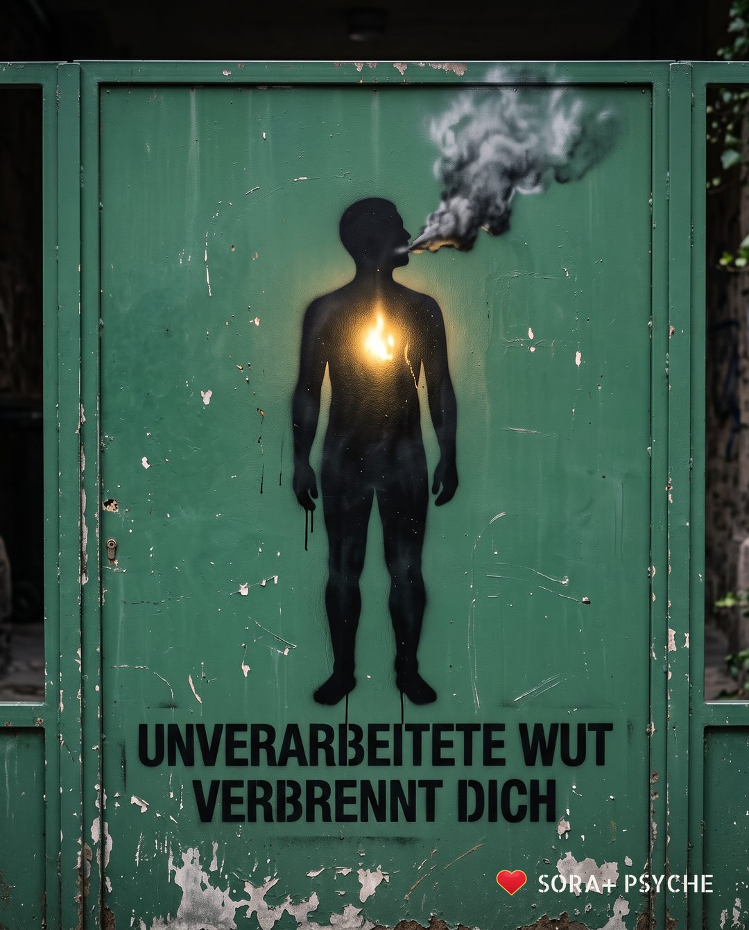 Wand mit schwarzem Stencil, Signatur SORA+ PSYCHE: „UNVERARBEITETE WUT / VERBRENNT DICH“