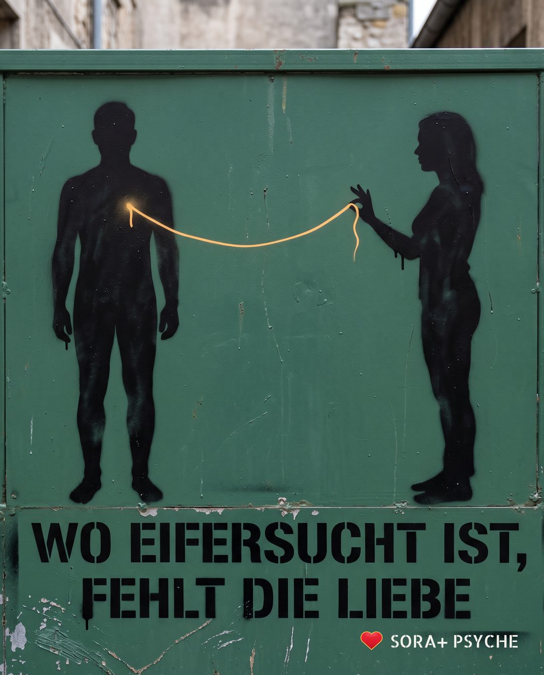 Wand mit schwarzem Stencil, Signatur SORA+ PSYCHE: „WO EIFERSUCHT IST, / FEHLT DIE LIEBE“